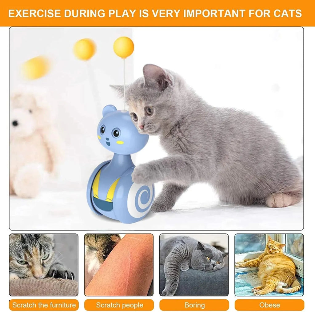 Interactive cat tumbler toy with colourful feathers and rotating ball for indoor play