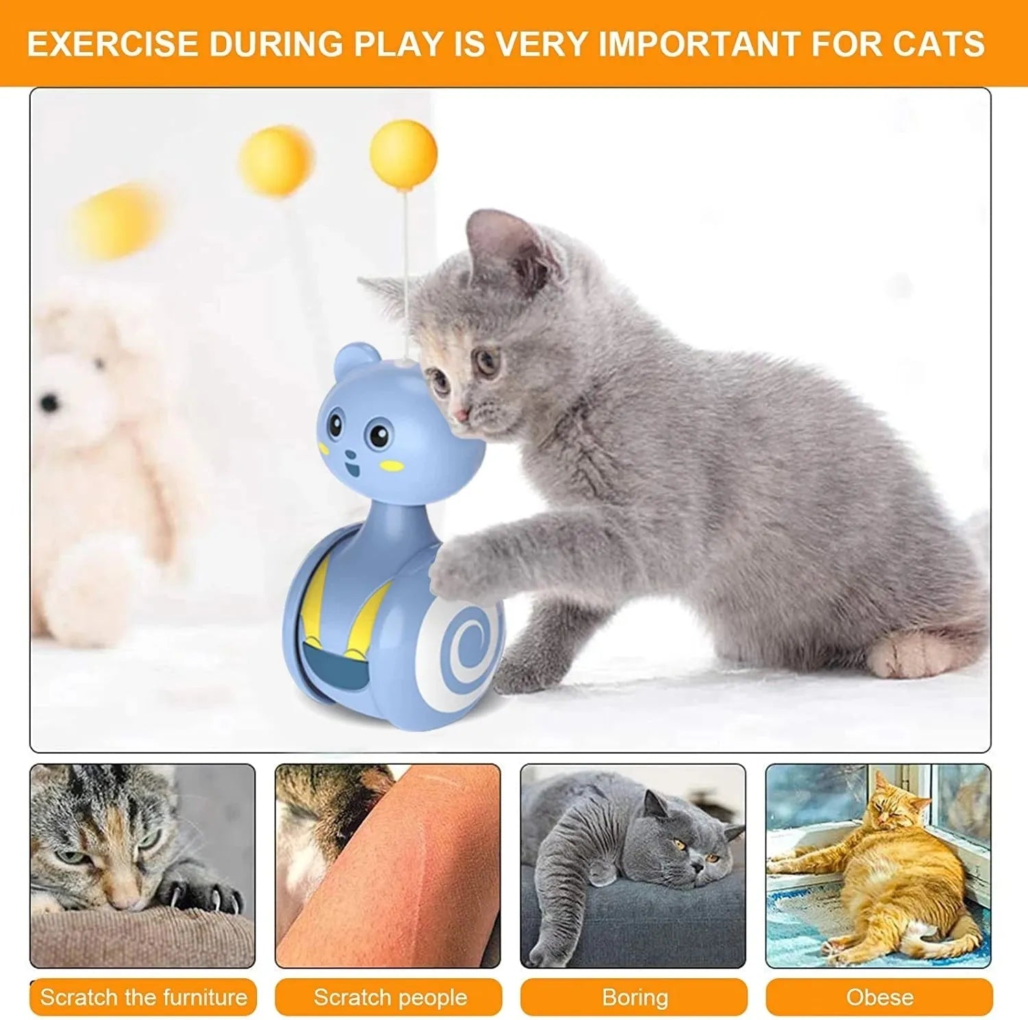 Interactive cat tumbler toy with colourful feathers and rotating ball for indoor play