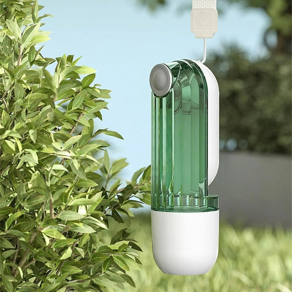 Beige foldable dog water bottle and food dispenser with leak-proof design for outdoor use