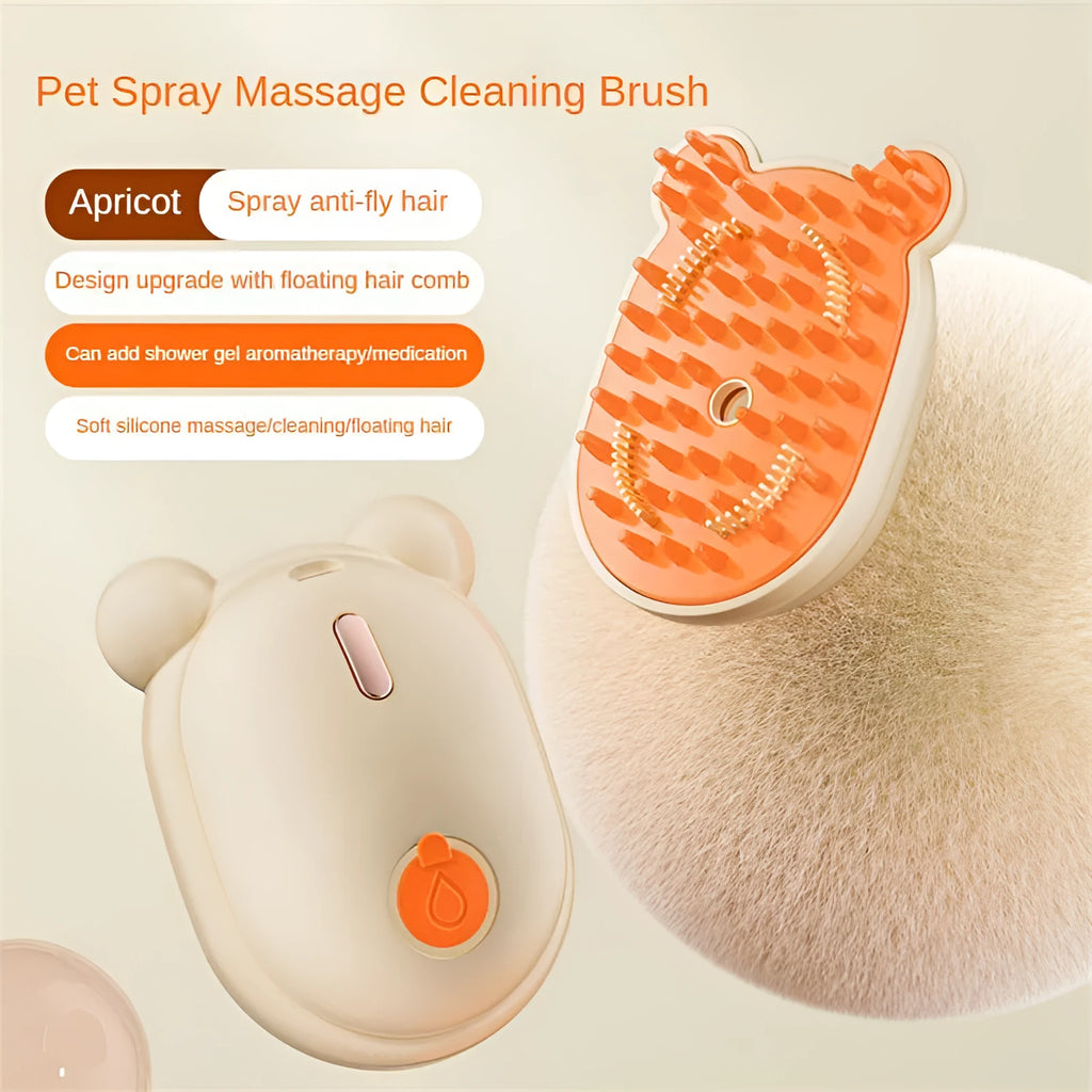 Pink and yellow 3-in-1 pet grooming brush with removable comb and spray function