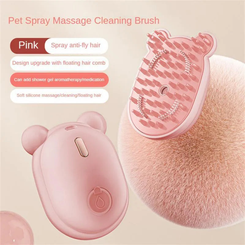 Pink and yellow 3-in-1 pet grooming brush with removable comb and spray function