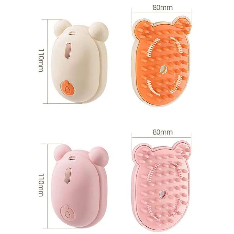 Pink and yellow 3-in-1 pet grooming brush with removable comb and spray function