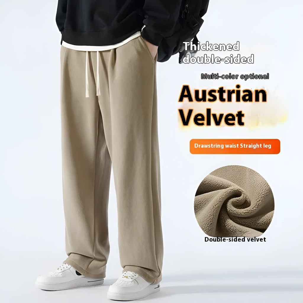 Men's apricot coloured double-sided polar fleece loose-fit sports trousers with a drawstring waist