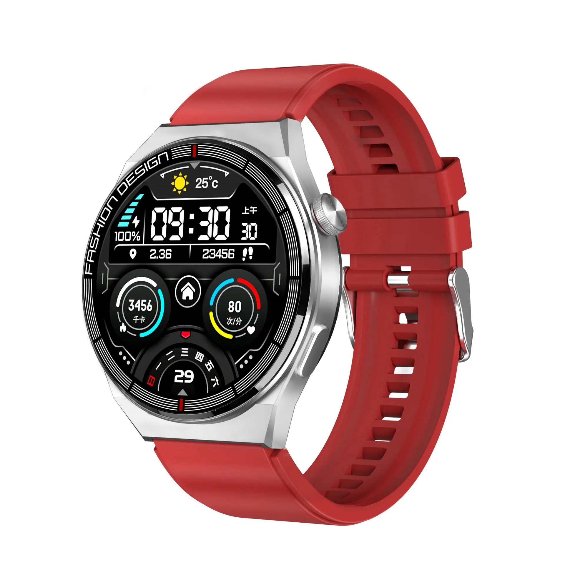 Black and silver Bluetooth NFC smartwatch with 1.28 inch glass screen and silicone strap for heart rate monitoring