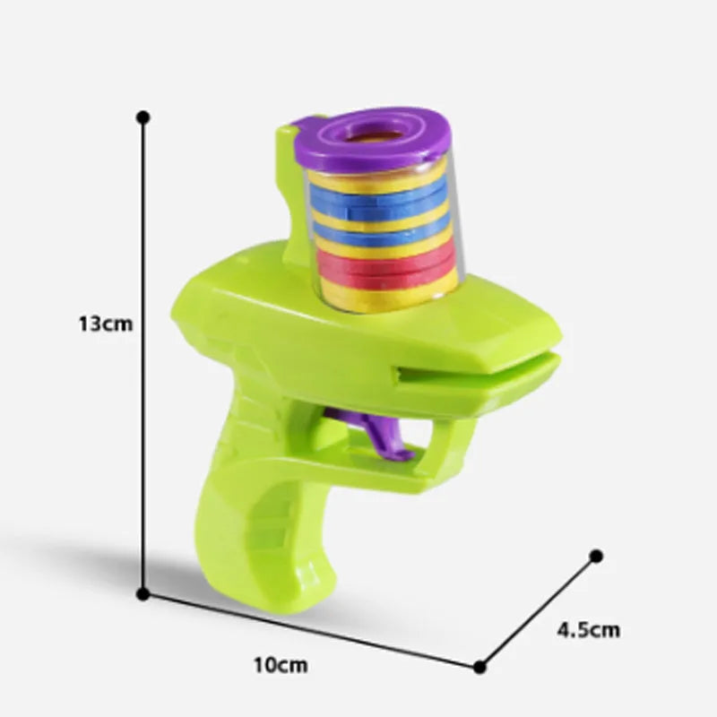 Interactive cat toy launcher with foam discs in green and purple colour options for battery-free feline play