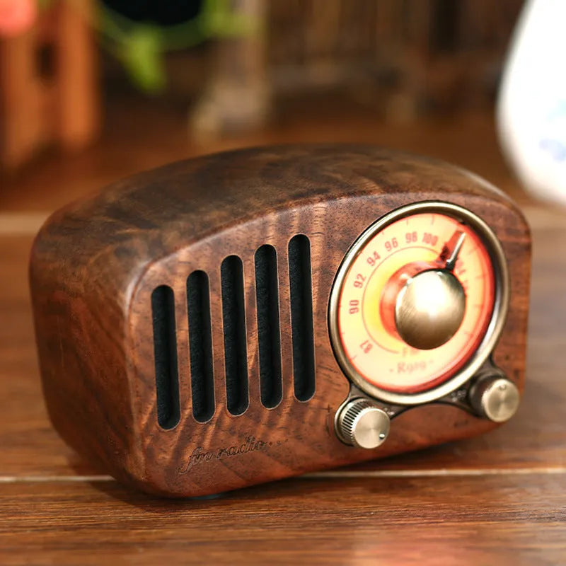Compact retro wooden wireless Bluetooth speaker in cherry or walnut finish with SD card slot