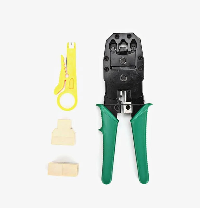 Network toolkit combo set with crimping pliers, tester, wire knives, screwdrivers, and RJ45 heads in tool bag