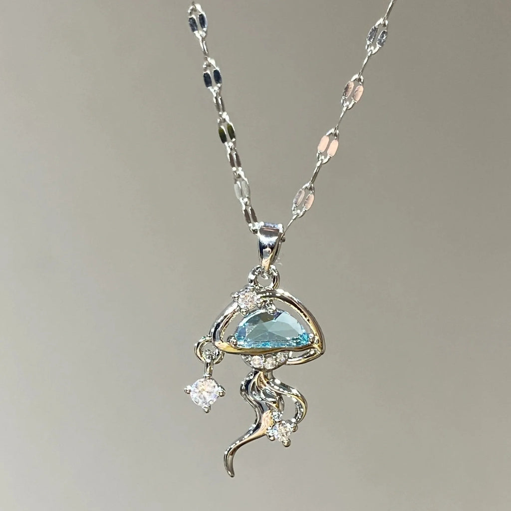 S925 sterling silver blue jellyfish necklace white gold colour pendant on adjustable chain