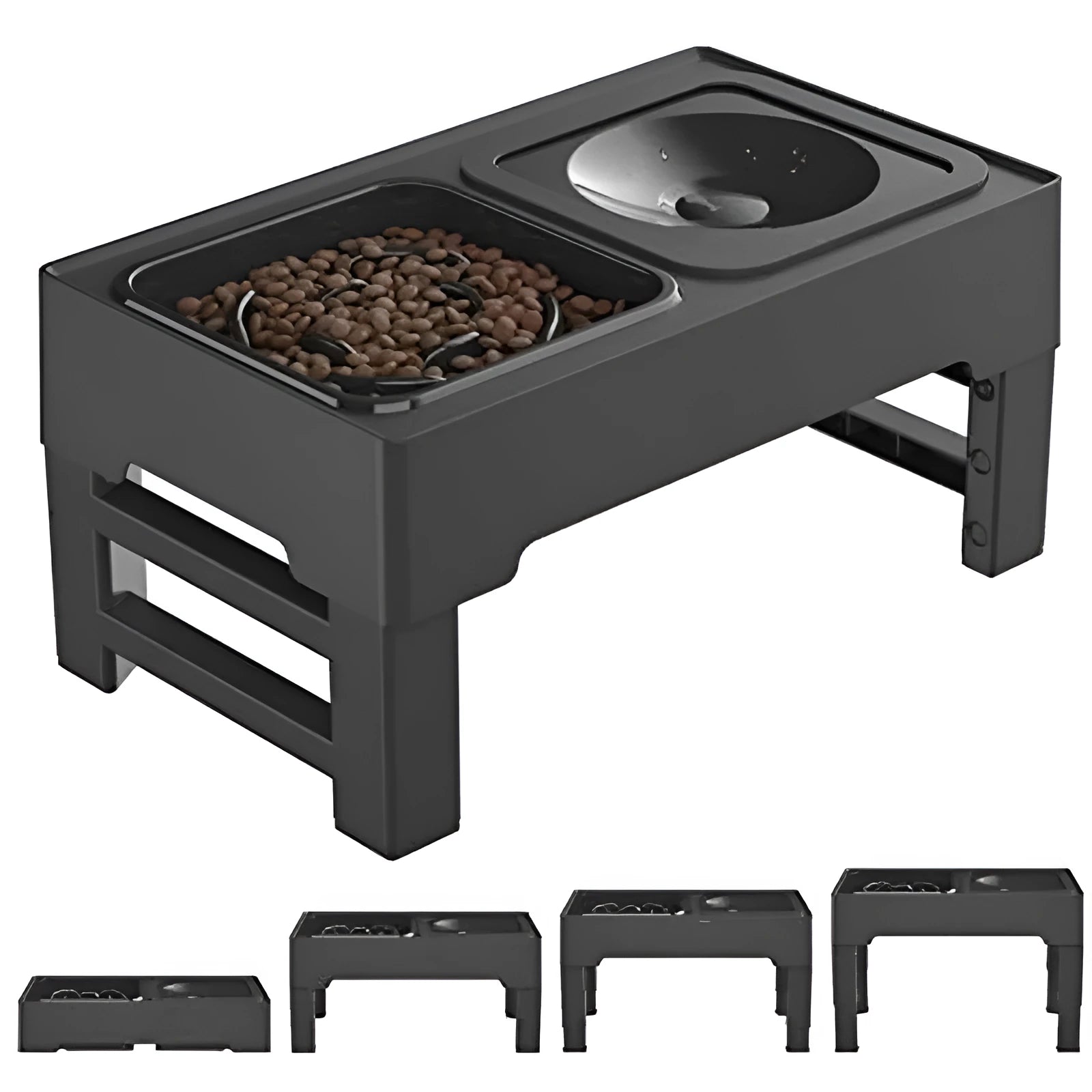 Adjustable raised dog bowl stand with slow feeder and water bowl, black, for small medium large dogs