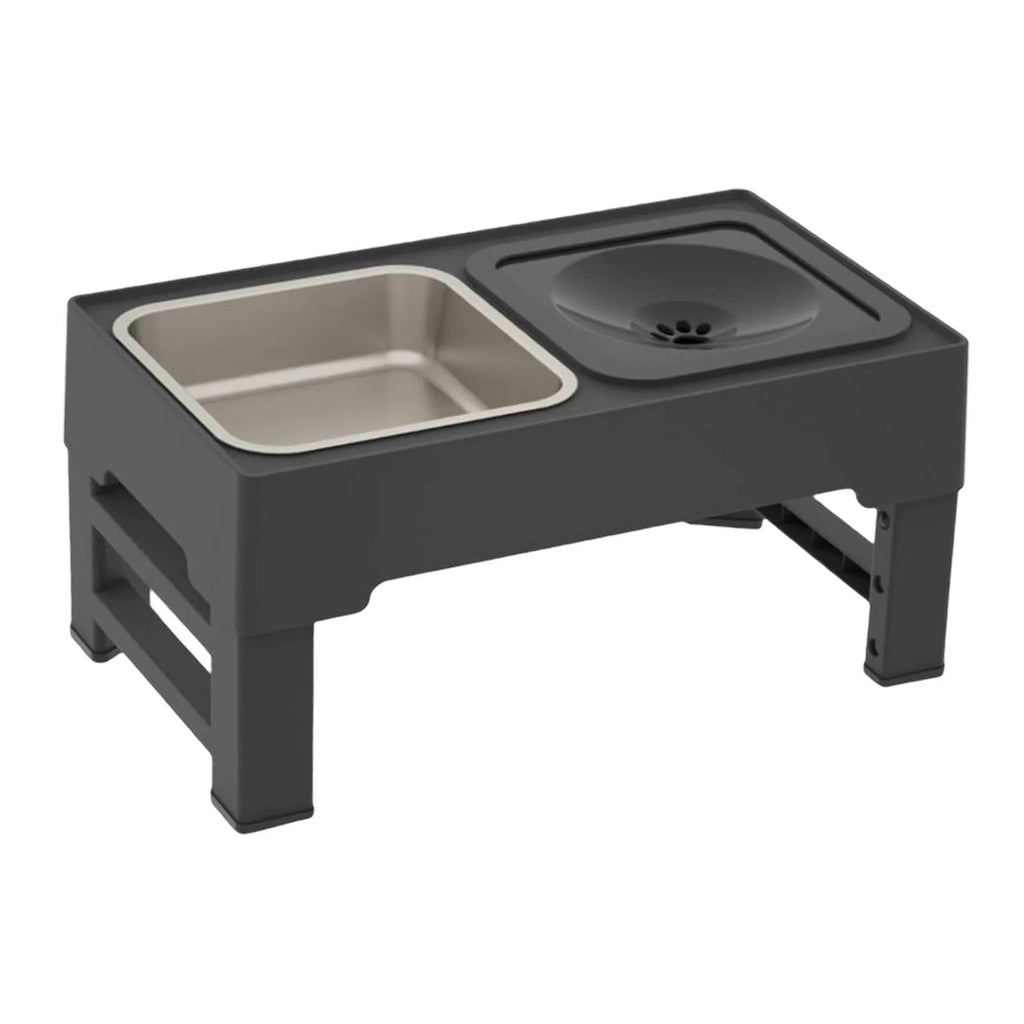 Adjustable raised dog bowl stand with slow feeder and water bowl, black, for small medium large dogs