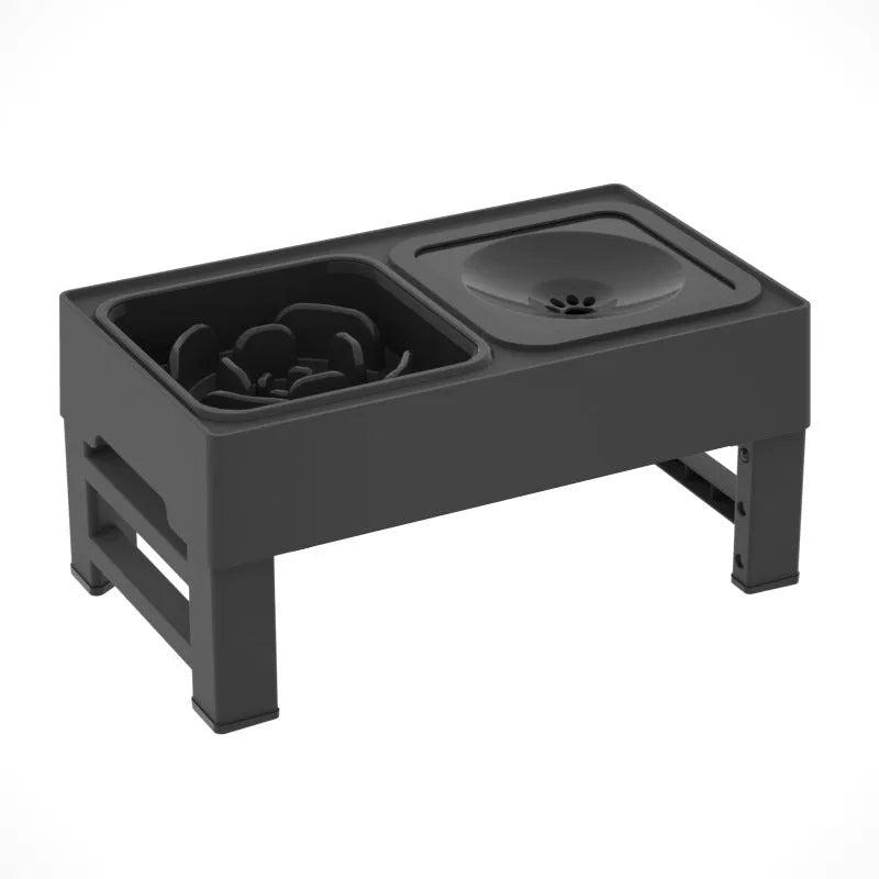 Adjustable raised dog bowl stand with slow feeder and water bowl, black, for small medium large dogs