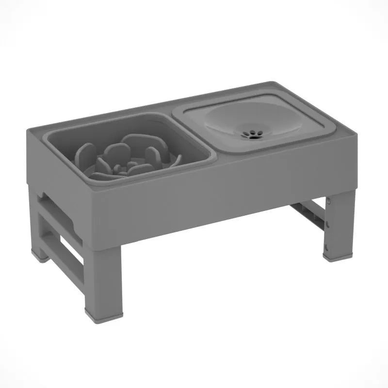 Adjustable raised dog bowl stand with slow feeder and water bowl, black, for small medium large dogs