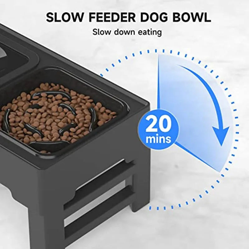 Adjustable raised dog bowl stand with slow feeder and water bowl, black, for small medium large dogs
