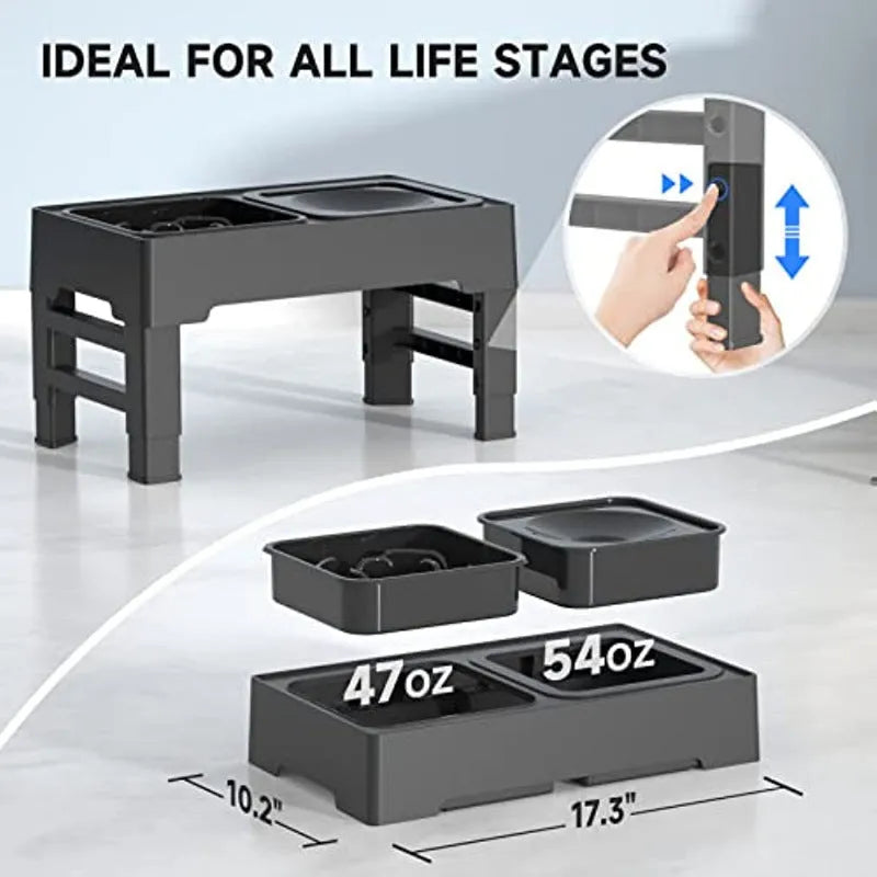 Adjustable raised dog bowl stand with slow feeder and water bowl, black, for small medium large dogs