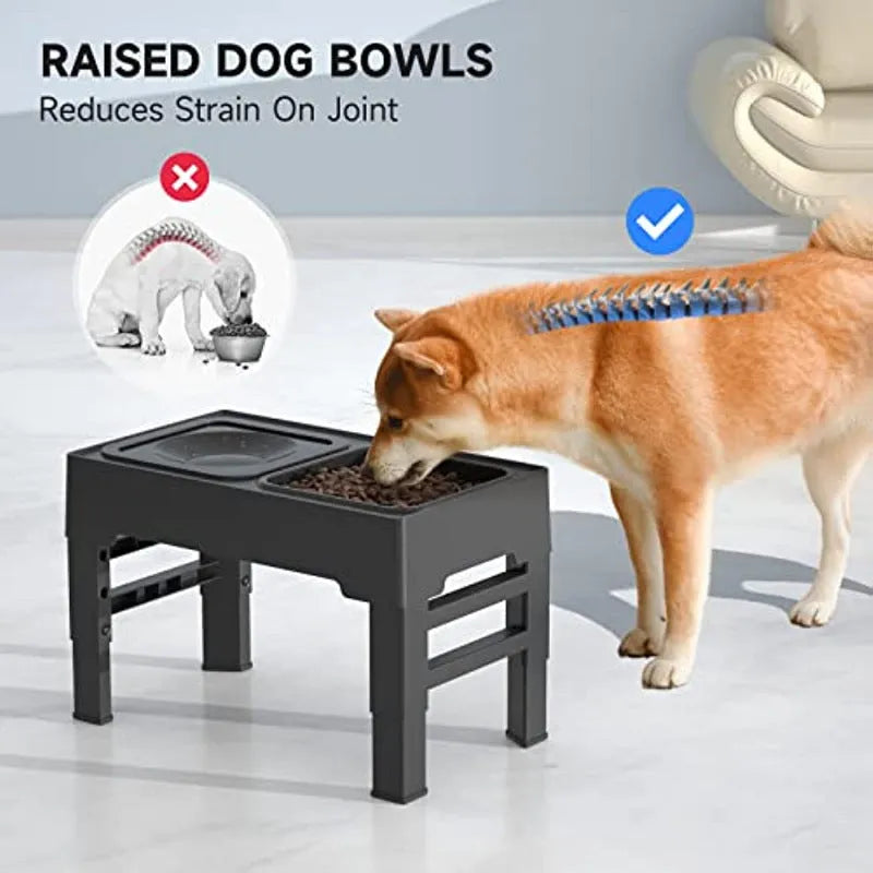 Adjustable raised dog bowl stand with slow feeder and water bowl, black, for small medium large dogs