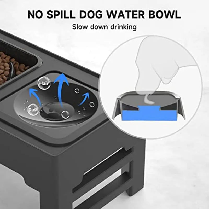 Adjustable raised dog bowl stand with slow feeder and water bowl, black, for small medium large dogs
