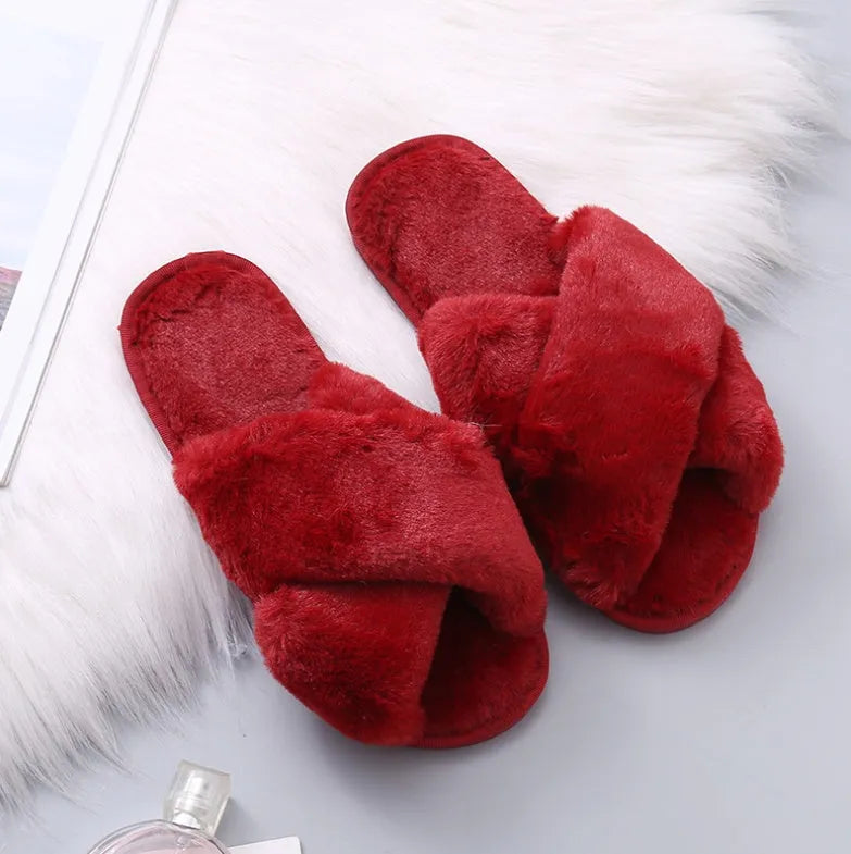 Women's winter home slippers with faux fur upper, plush lining, flat heel, black colour