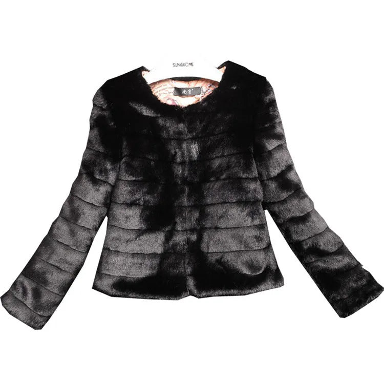 Women's short sleeve faux fur top in beige on a model, showing street fashion style.