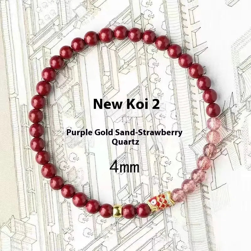 Close-up of a women's bracelet with purple cinnabar and pink strawberry quartz beads in a retro design.