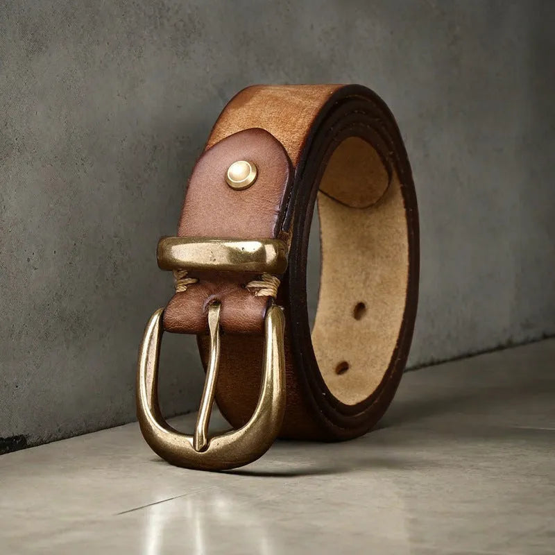 Men's cattlehide leather belt with copper pin buckle in black, brown, or khaki colour