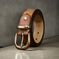 Men's cattlehide leather belt with copper pin buckle in black, brown, or khaki colour