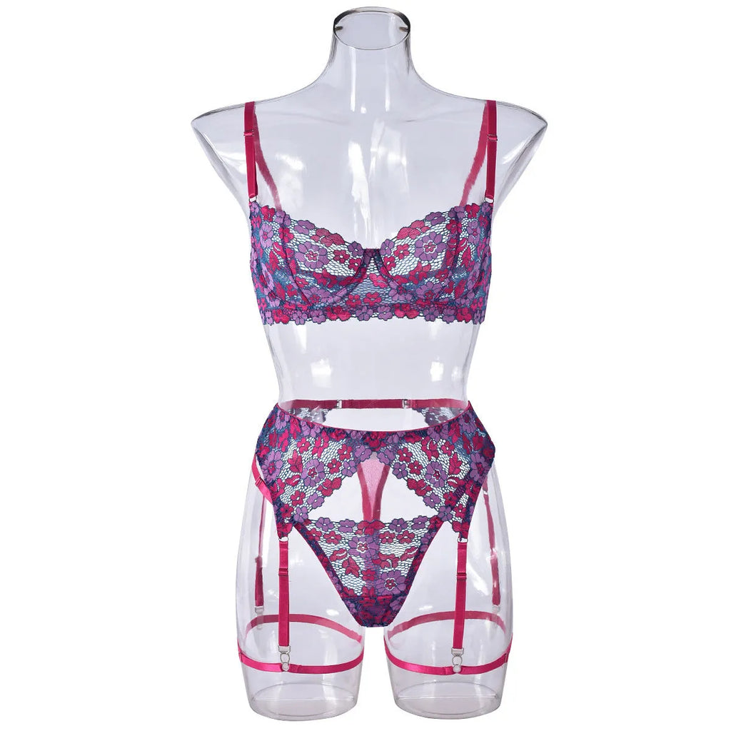 Women's contrast colour embroidered bikini set in rose red, polyester fabric, shown flat lay