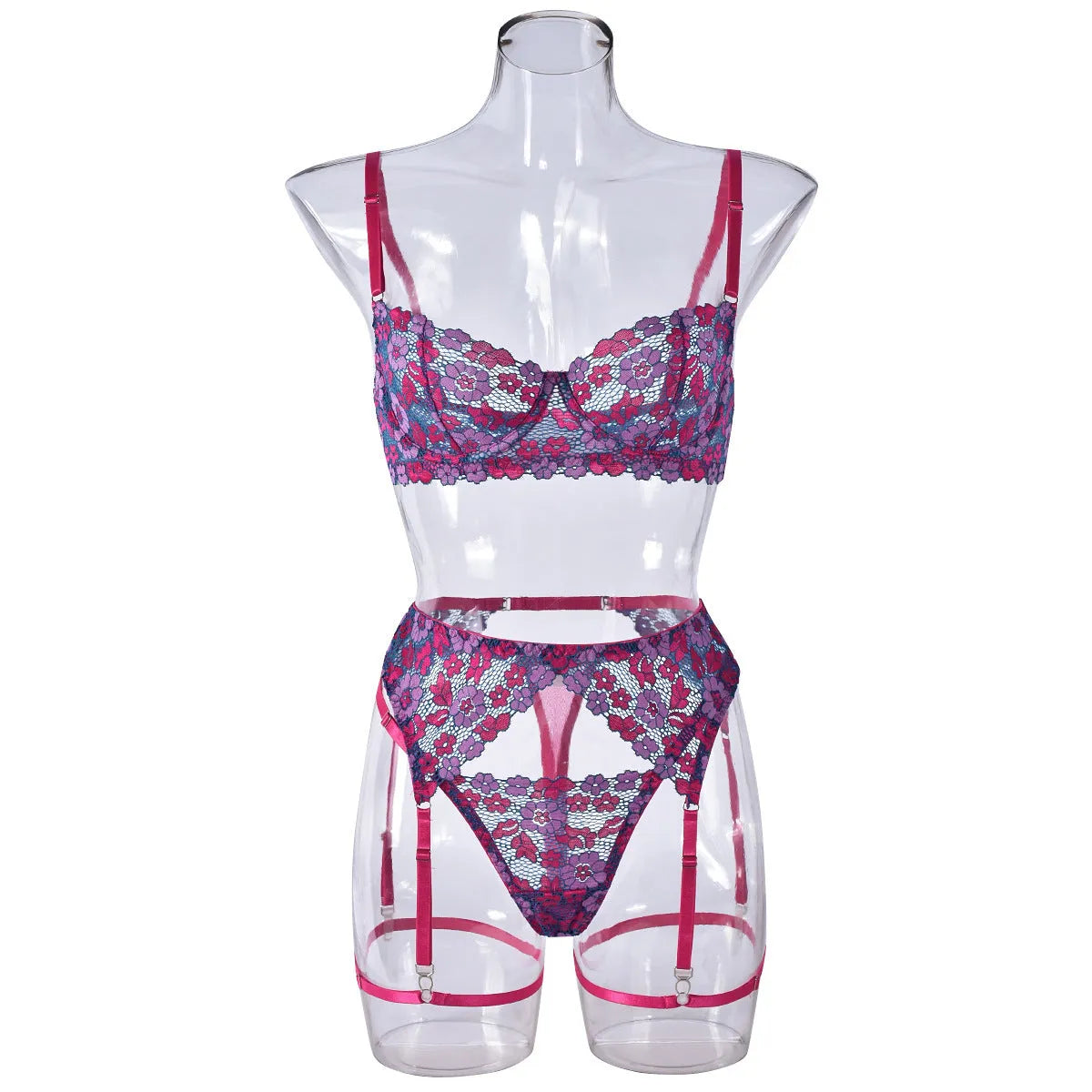 Women's contrast colour embroidered bikini set in rose red, polyester fabric, shown flat lay