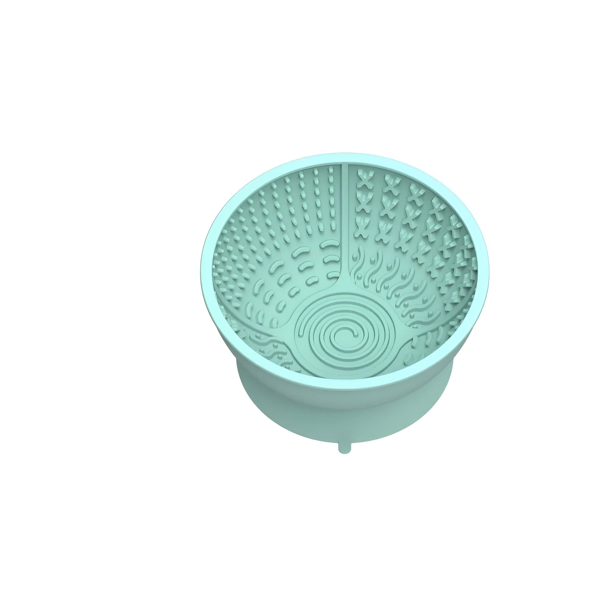 Cyan silicone slow feeder dog bowl with textured surface and suction cup base showing 15.8cm diameter