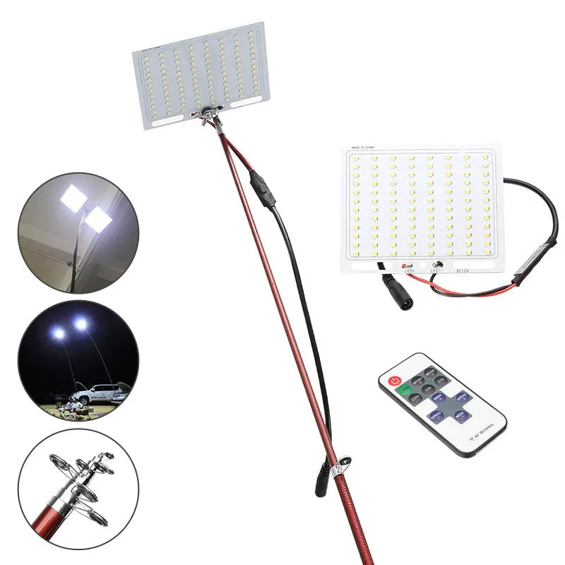 White LED fishing rod light with telescopic pole and remote controller for outdoor illumination