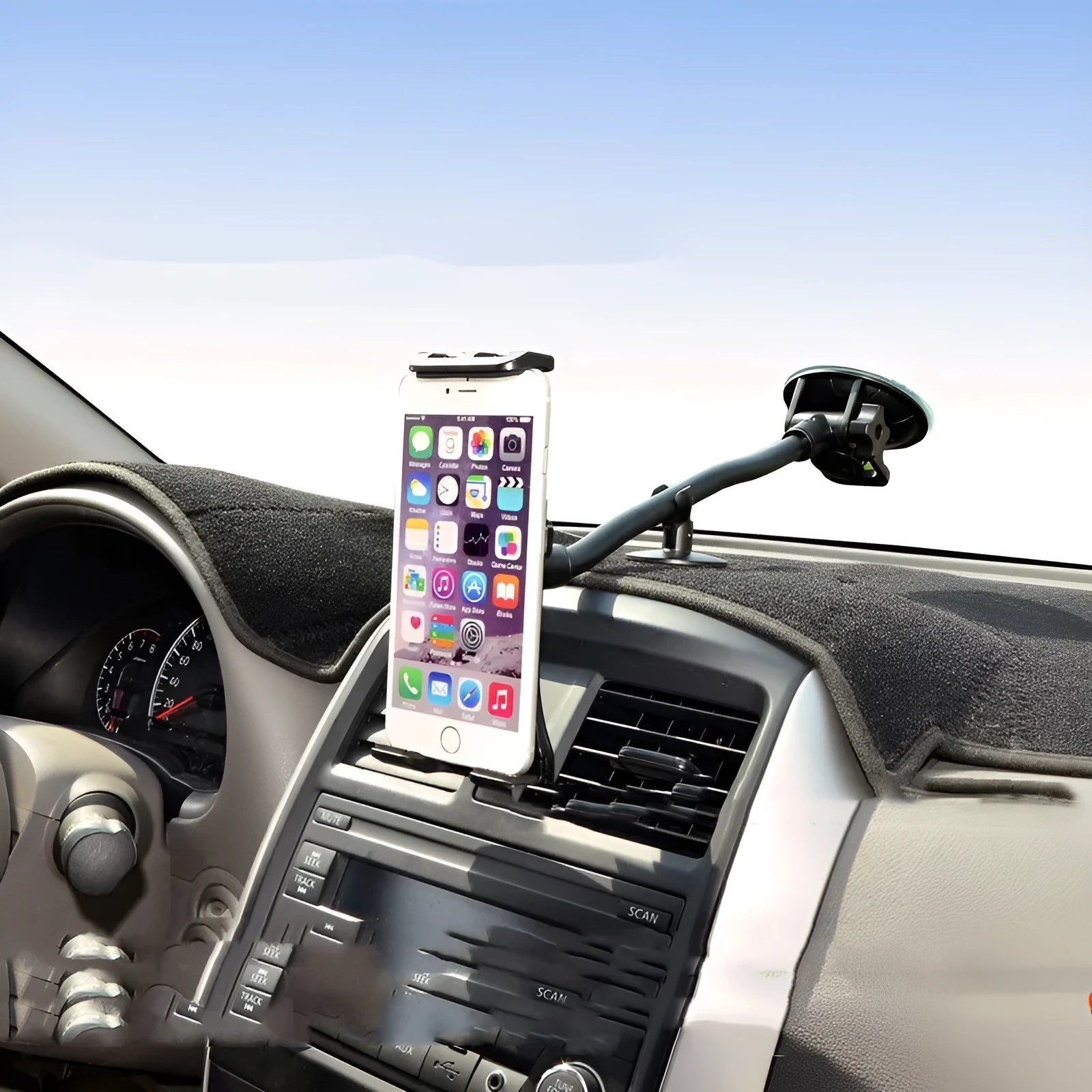 Black vehicle-mounted lifting bracket holding a tablet, showing long suction cup rod.