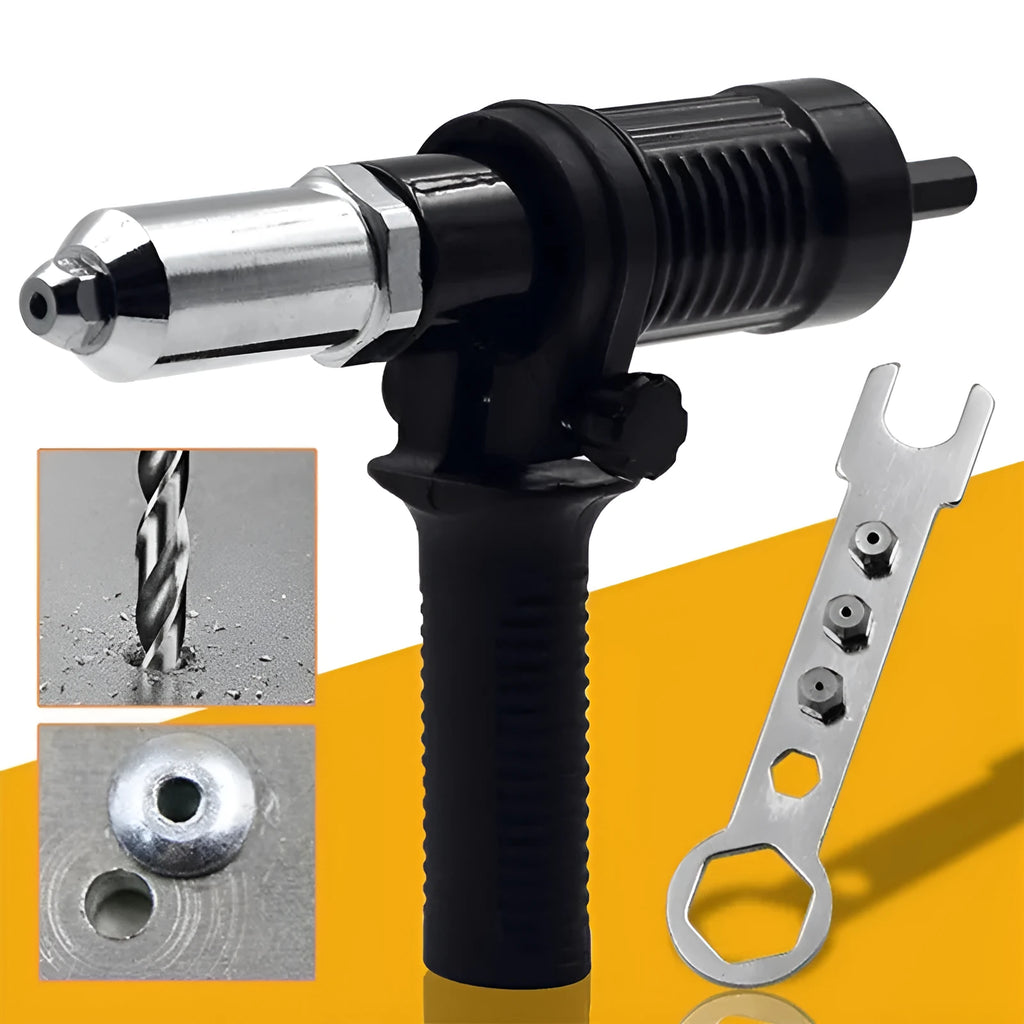 Black metal electric drill rivet gun with alloy steel forged head, 173mm length, includes handle, wrench and four rivet heads