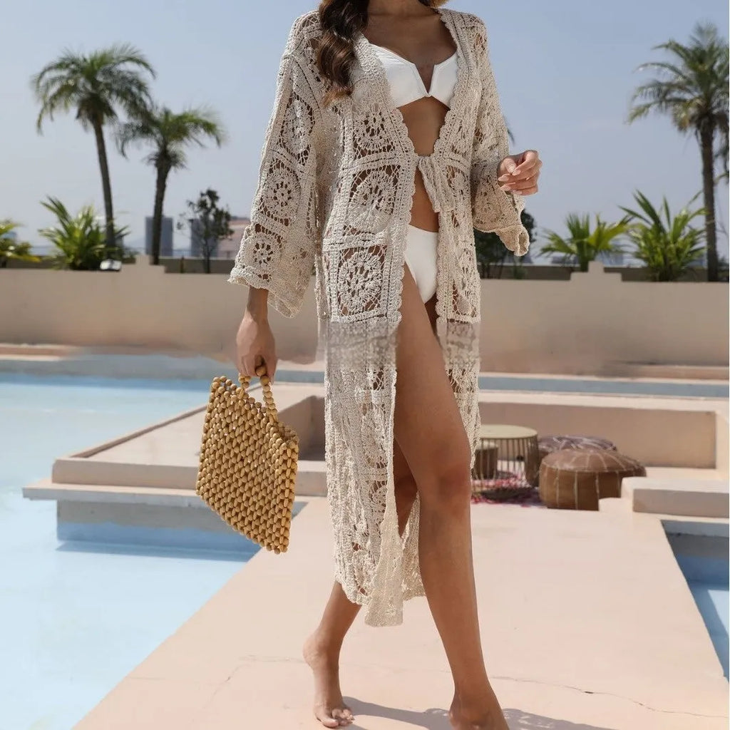 Loose embroidered apricot cotton long sleeve sun protection shirt for women beach cover-up free size