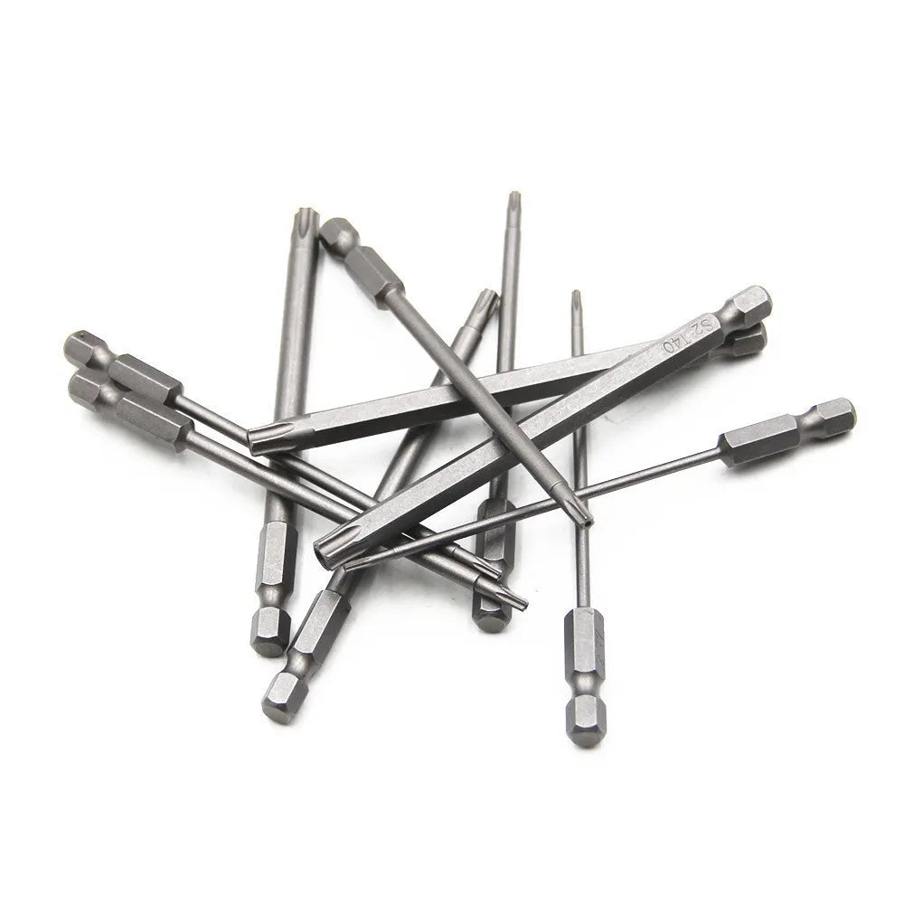 Alloy hexagon handle screwdriver bit set with plum blossom hollow bits in 50mm, 75mm, and 100mm lengths on a workbench