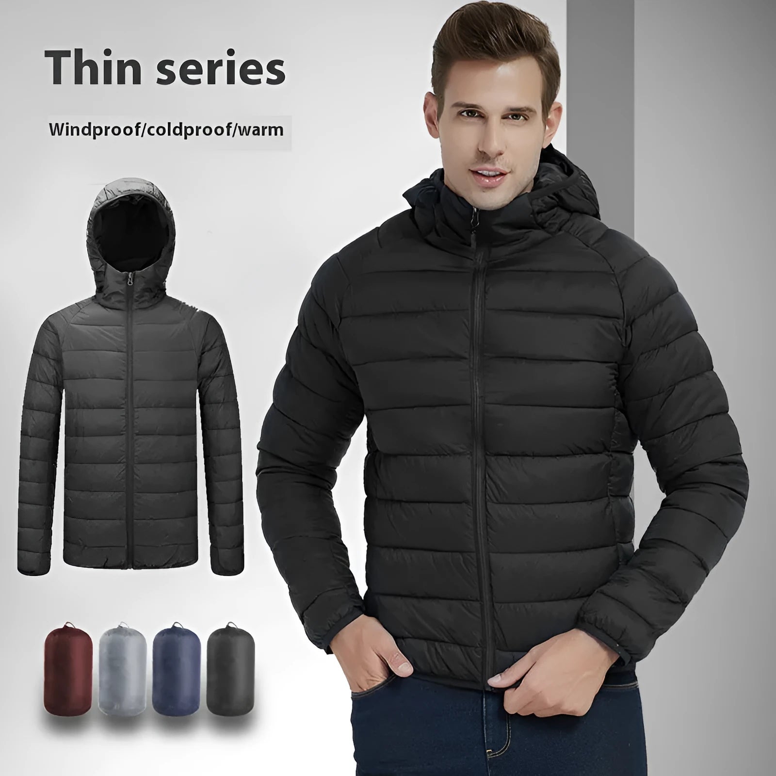 Men's lightweight hooded coat in solid colour with zipper closure, nylon outer, available in multiple colours