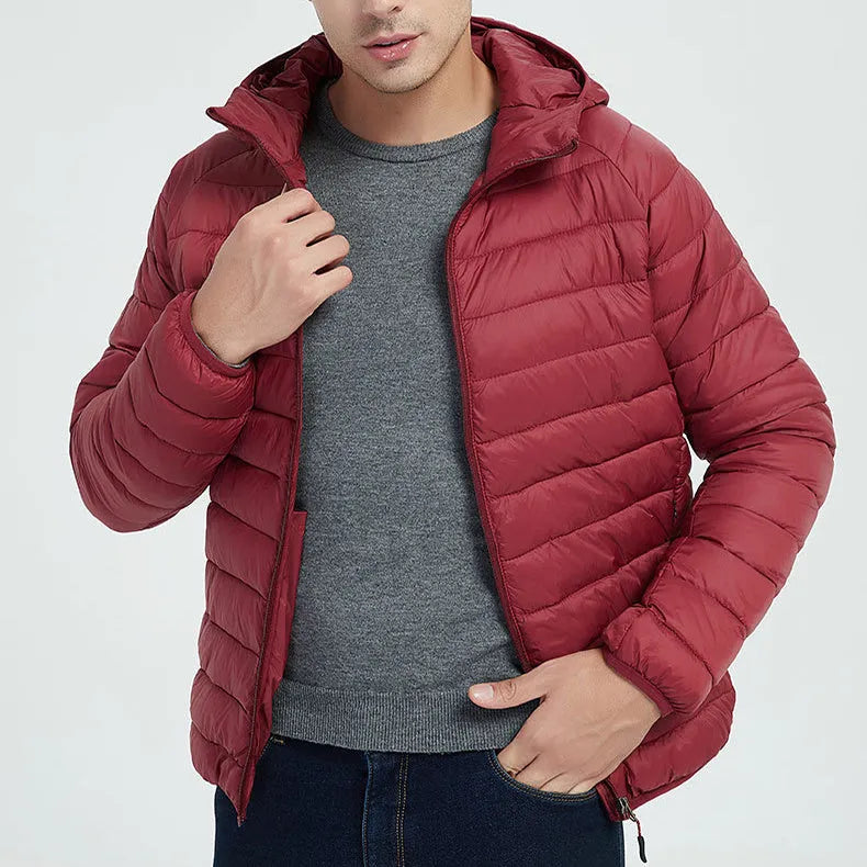 Men's lightweight hooded coat in solid colour with zipper closure, nylon outer, available in multiple colours