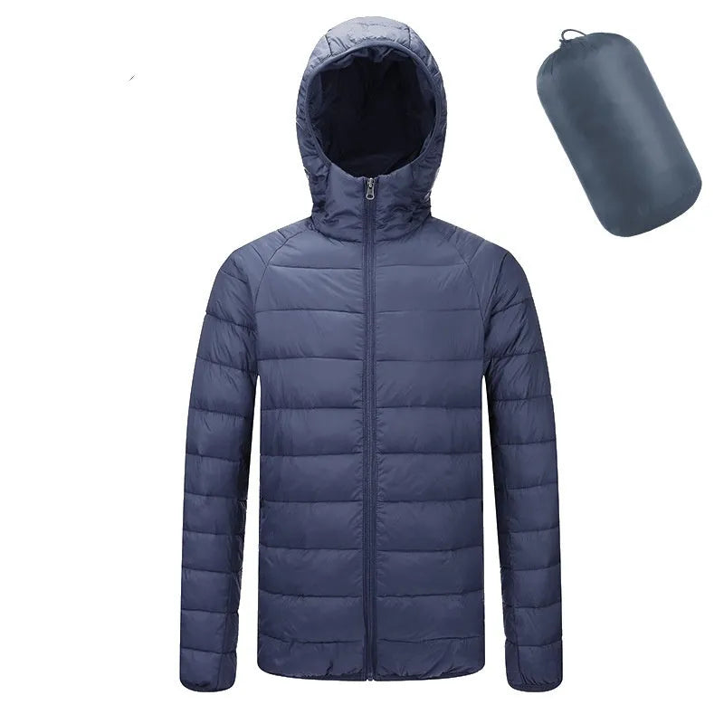 Men's lightweight hooded coat in solid colour with zipper closure, nylon outer, available in multiple colours