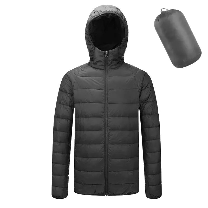 Men's lightweight hooded coat in solid colour with zipper closure, nylon outer, available in multiple colours