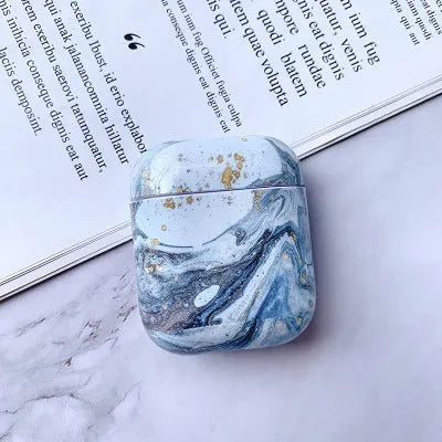 White marble patterned hard PC protective case compatible with Apple Airpods 1 and 2 charging box