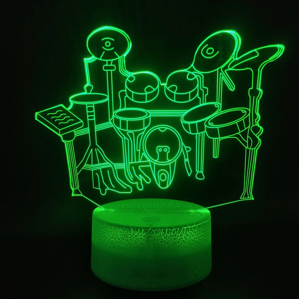 3D drum kit night light in seven colours with acrylic silhouette and ABS base, touch and remote controlled