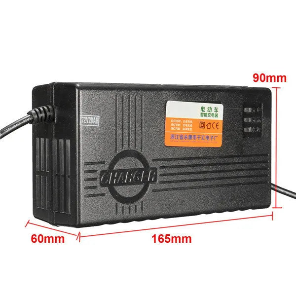Black 72V 20AH electric car charger with compact design and international plug options.