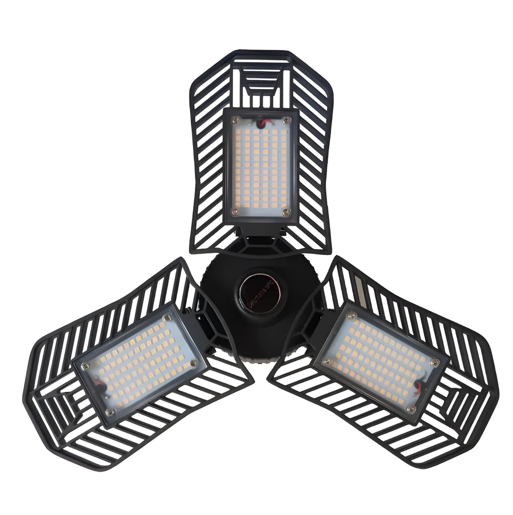 A silver die-cast aluminium foldable industrial LED lamp for garage or workshop use.