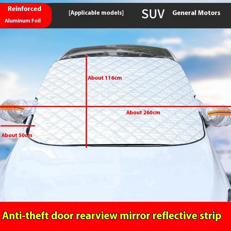 Aluminium foil winter car cover for SUV windshield with reflective stripes and magnets