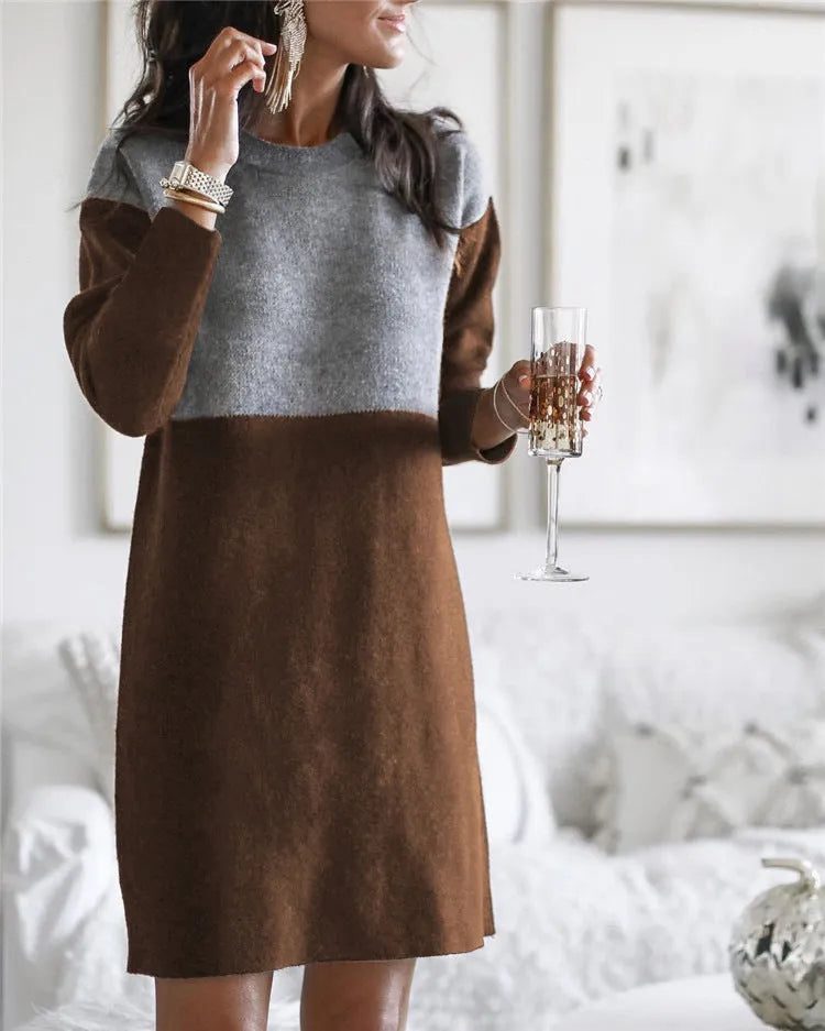 Brown women's loose-fit patchwork skirt dress with long sleeves and round neck in art retro style.