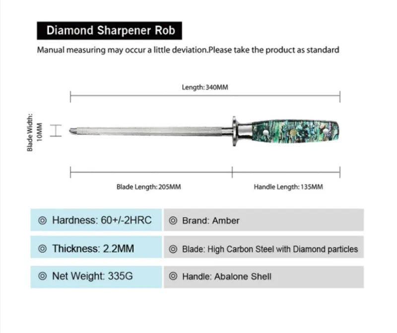 High carbon steel kitchen knife sharpener with abalone shell handle and diamond particles on blade