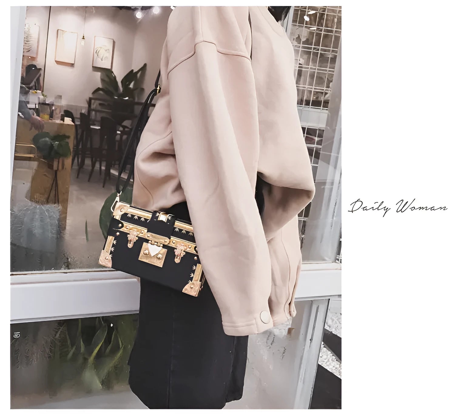 Hard-structured women's black PU leather shoulder bag with flap and rivet decoration