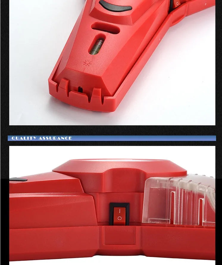 Red portable infrared and line laser level for woodworking punch positioning on a work surface