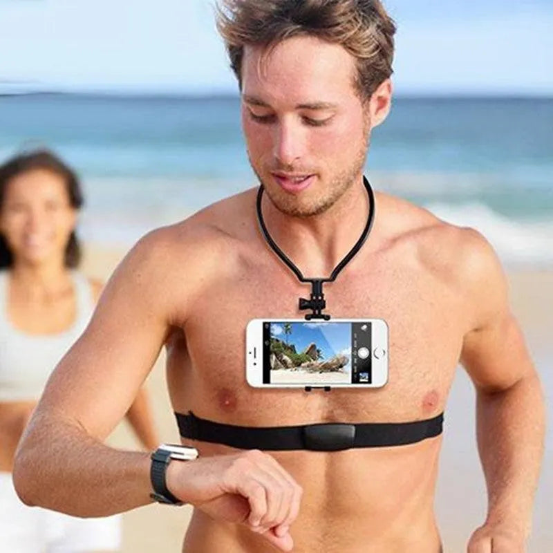 Wearable neck phone holder in black, ABS construction, 180 degree adjustable angle for hands-free use