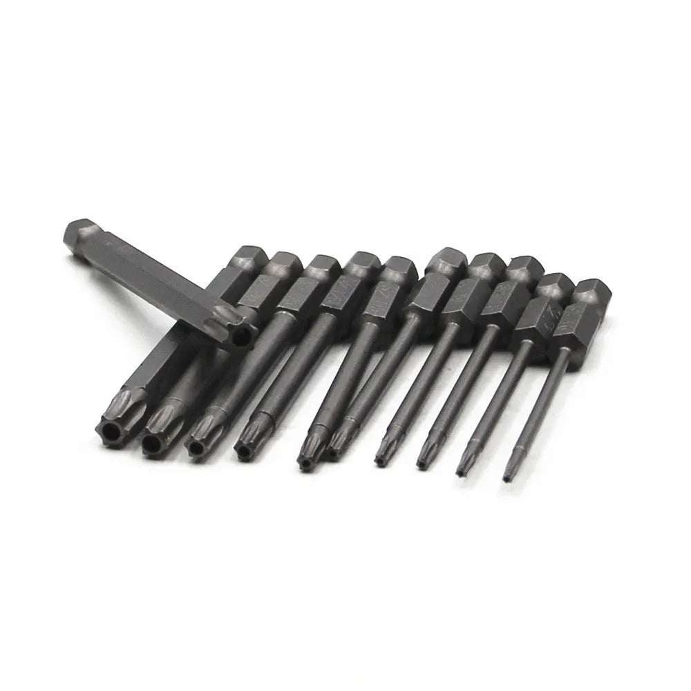 Alloy hexagon handle screwdriver bit set with plum blossom hollow bits in 50mm, 75mm, and 100mm lengths on a workbench