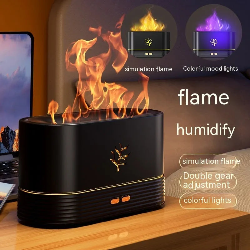 USB flame humidifier with realistic LED fire effect and timing in white colour on a desk