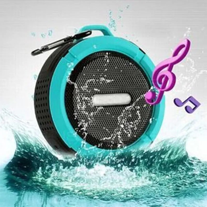 Portable waterproof Bluetooth stereo speaker in plastic housing with mountaineering buckle, available in multiple colours